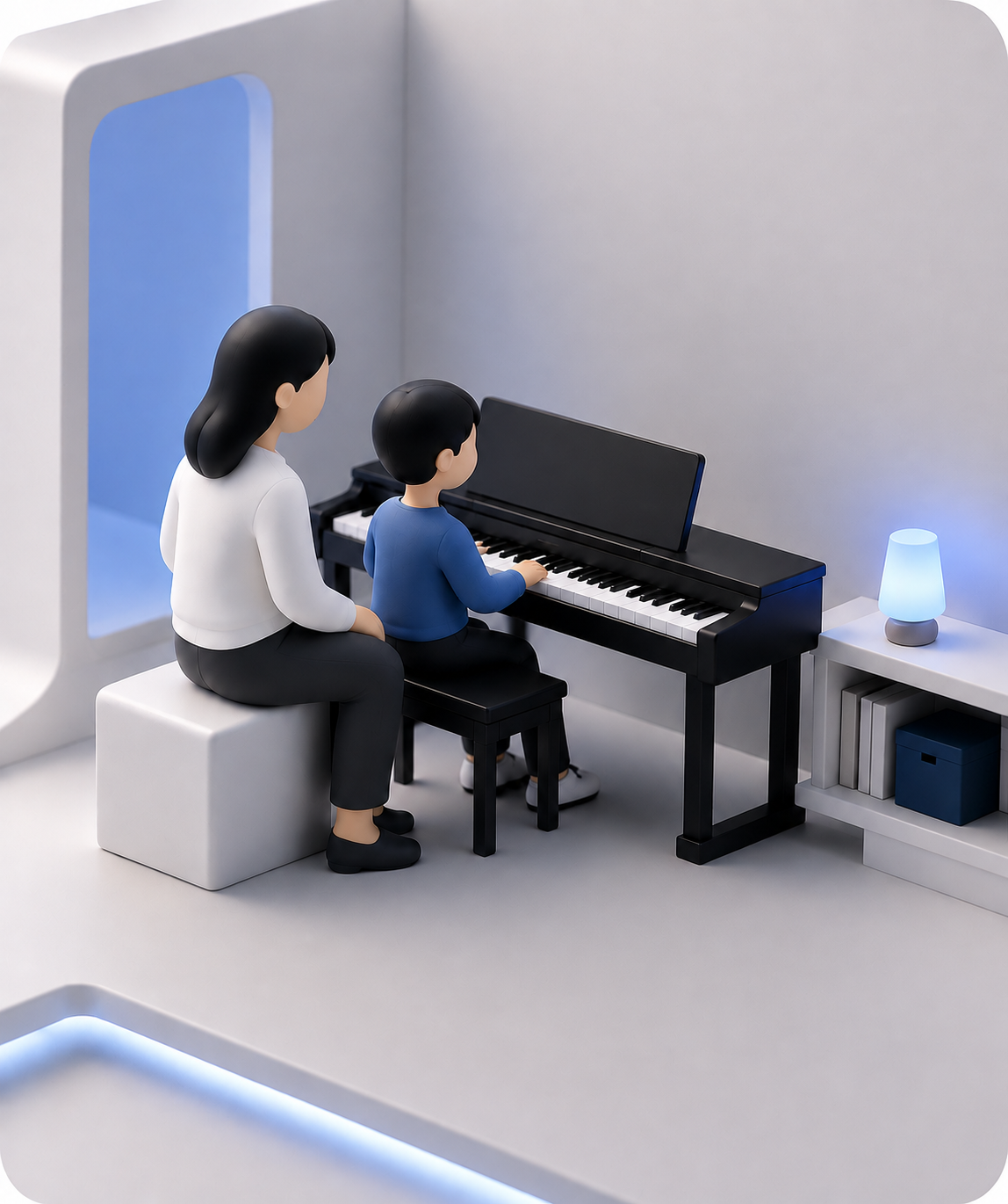 Miniature architectural scene: stylised parent and child at a black digital piano with a milestone board on the wall and a weekly practice sheet on the music stand