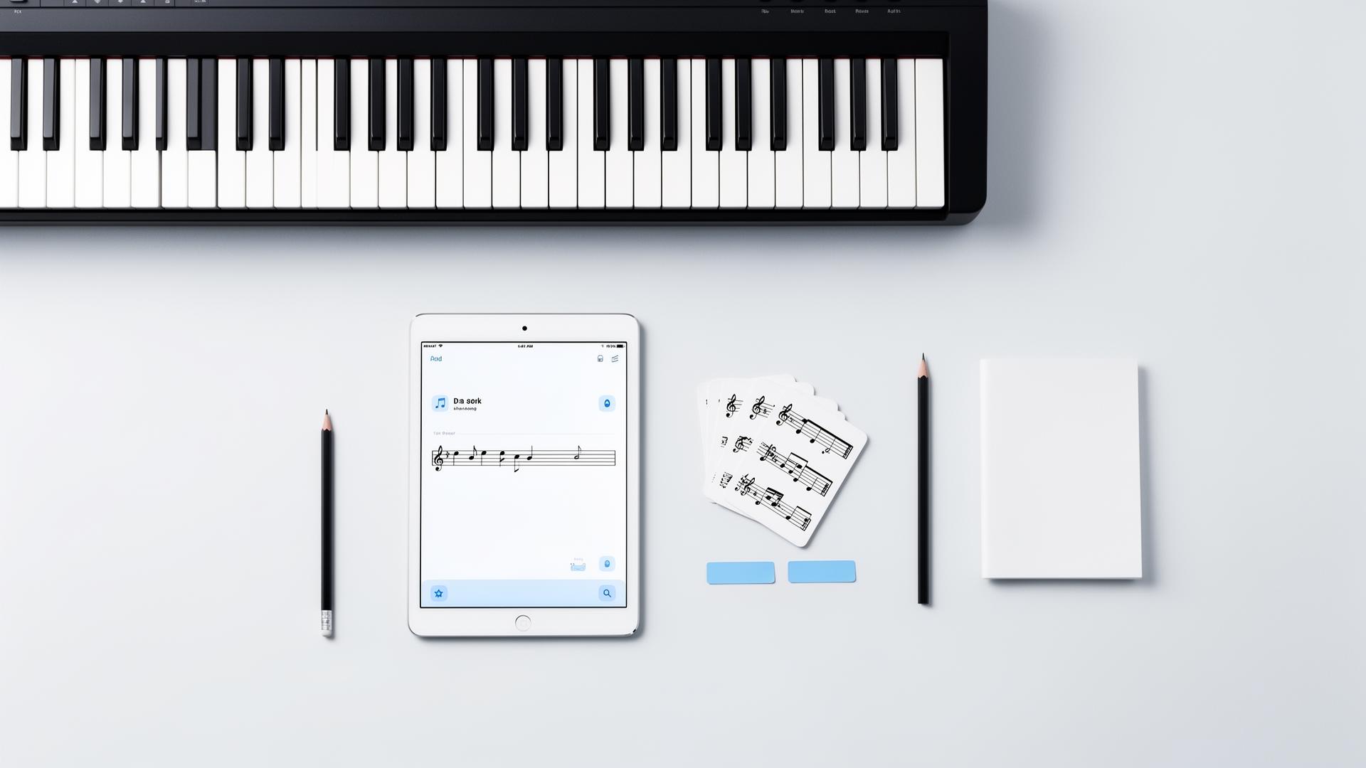 Soft 3D editorial flat-lay of organised music materials