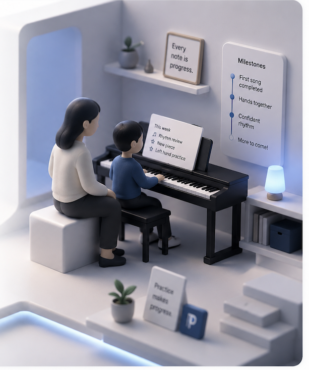 Miniature architectural scene: stylised parent and child at a black digital piano with a milestone board on the wall and a weekly practice sheet on the music stand